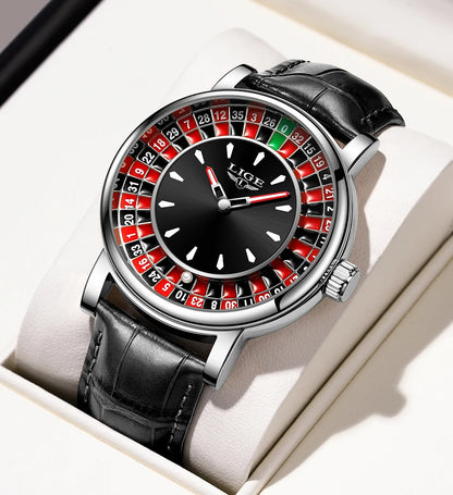 LIGE Creative Golden Mens Watches Roulette Game Dial Fashion Man Watch Waterproof Luminous Quartz Wristwatches Rolling Ball+Box