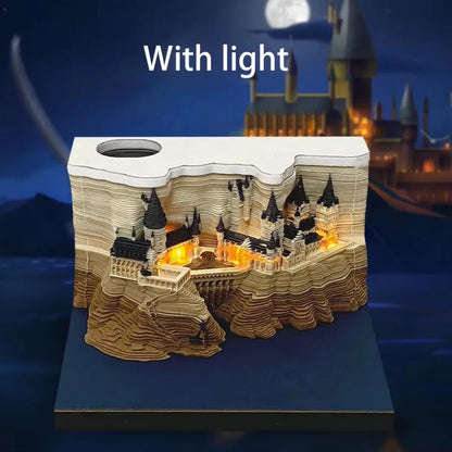 3D 3D Magic Castle Sticky Note Calendar Tearable Paper Sculpture with LED Light Weekly Desk Decor Creative Craft Gift