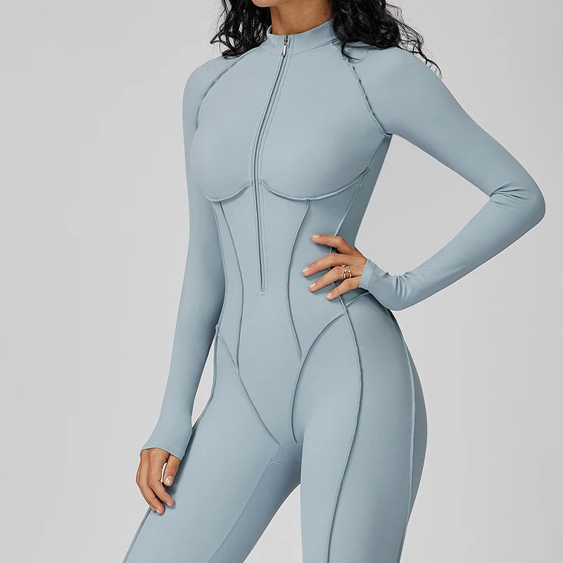 Women's Contrast Collar Half-Zip Bodysuit One-Piece High-Intensity Fitness Sports Jumpsuit Yoga Suit