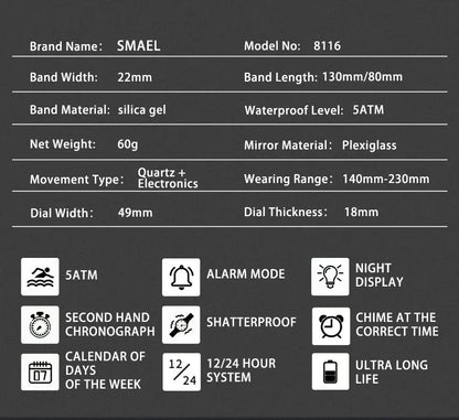SMAEL Brand 8116 Waterproof Dropshipping Watch Alarm Clock Luminous Young Fashion business Quartz Sport Wristwatches