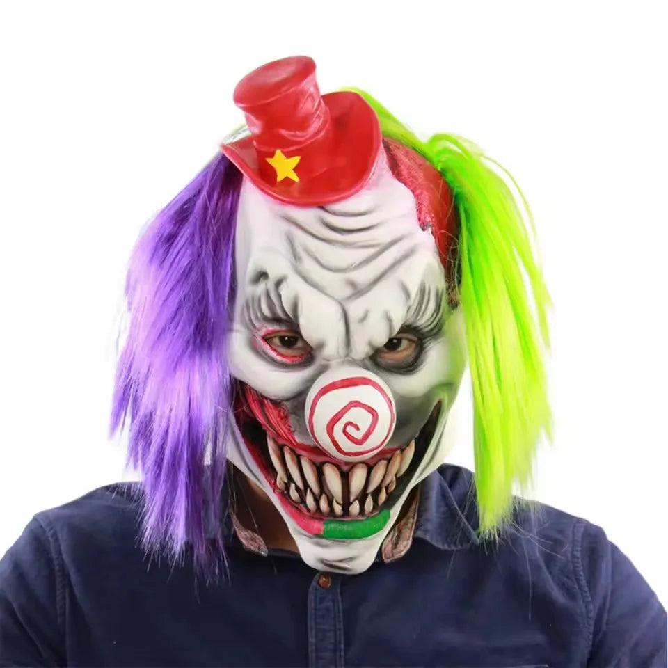 Scary Clown Mask with Purple Green Hair Horror Smile Face Mask Creepy Clown Costume Halloween Huanted House Prop