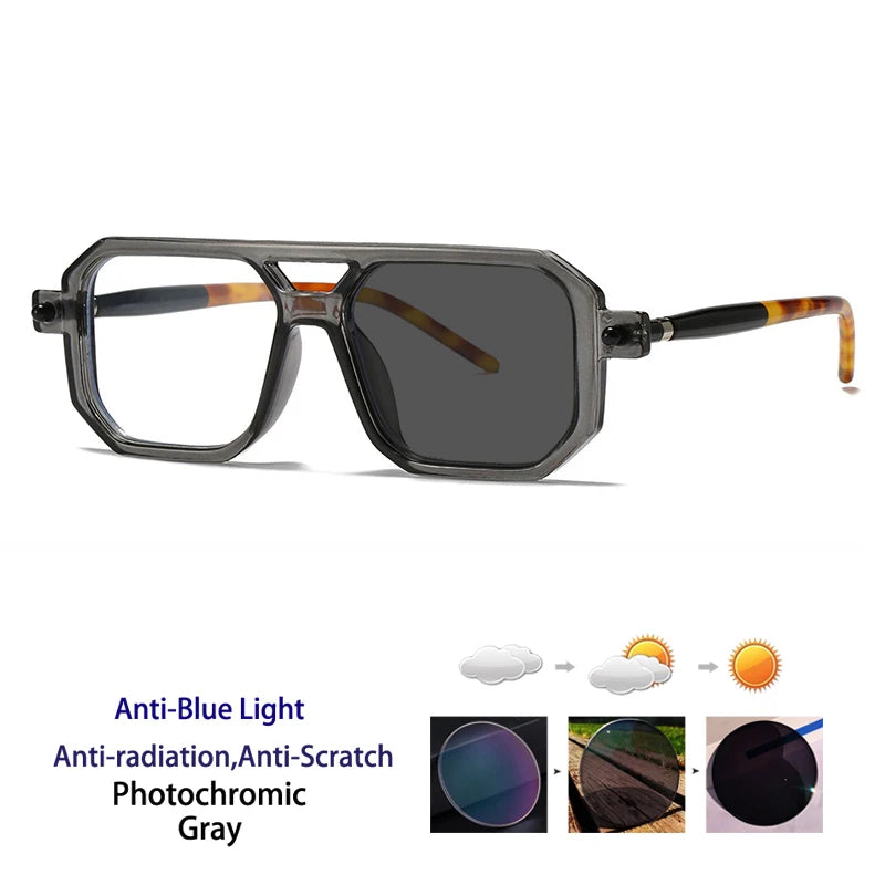 KOCOLIOR Men's Retro Fashion Double Beam Reading Glasses Brand Design Anti Blue Light Photochromic Presbyopia Glasses +0 to +6.0