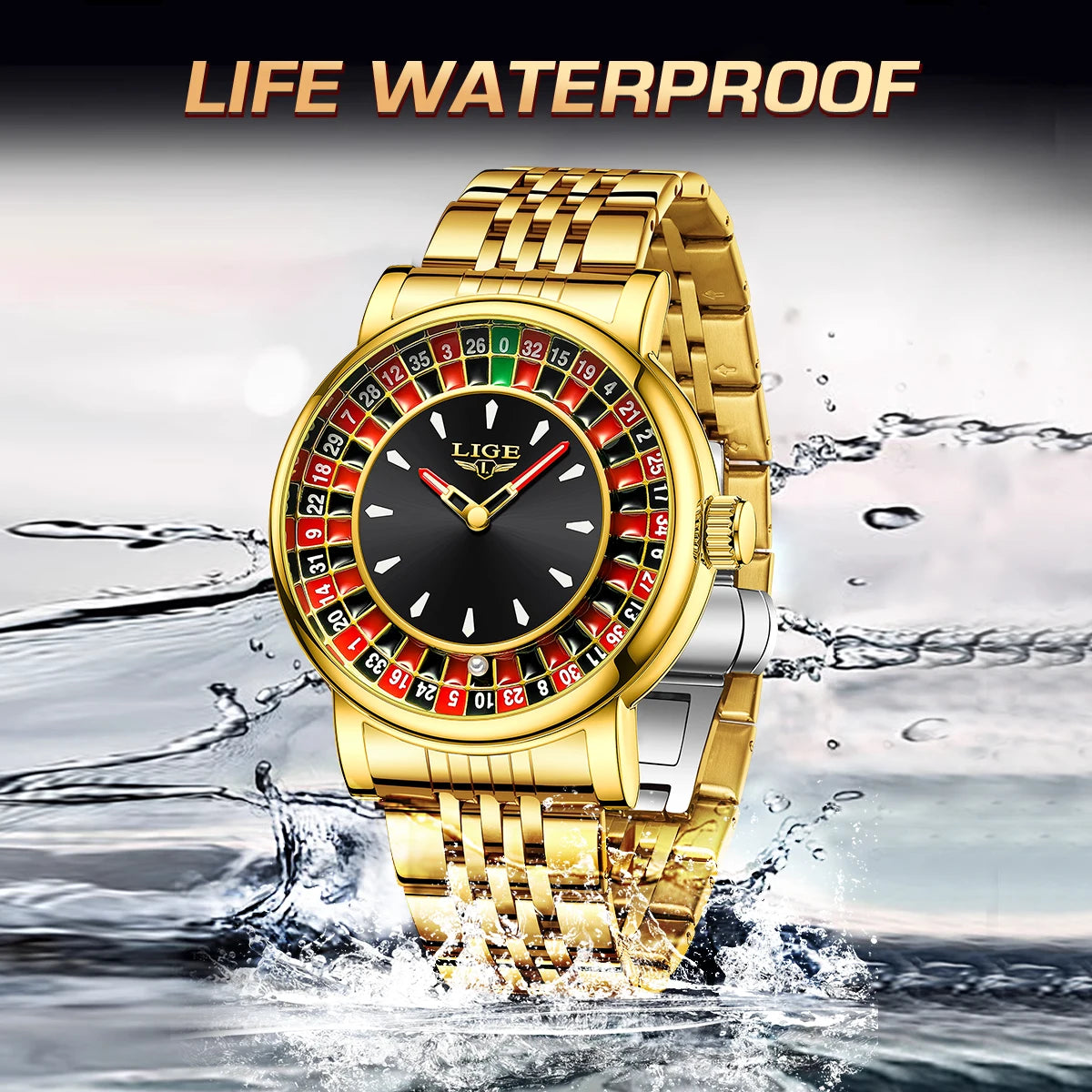 LIGE Creative Golden Mens Watches Roulette Game Dial Fashion Man Watch Waterproof Luminous Quartz Wristwatches Rolling Ball+Box