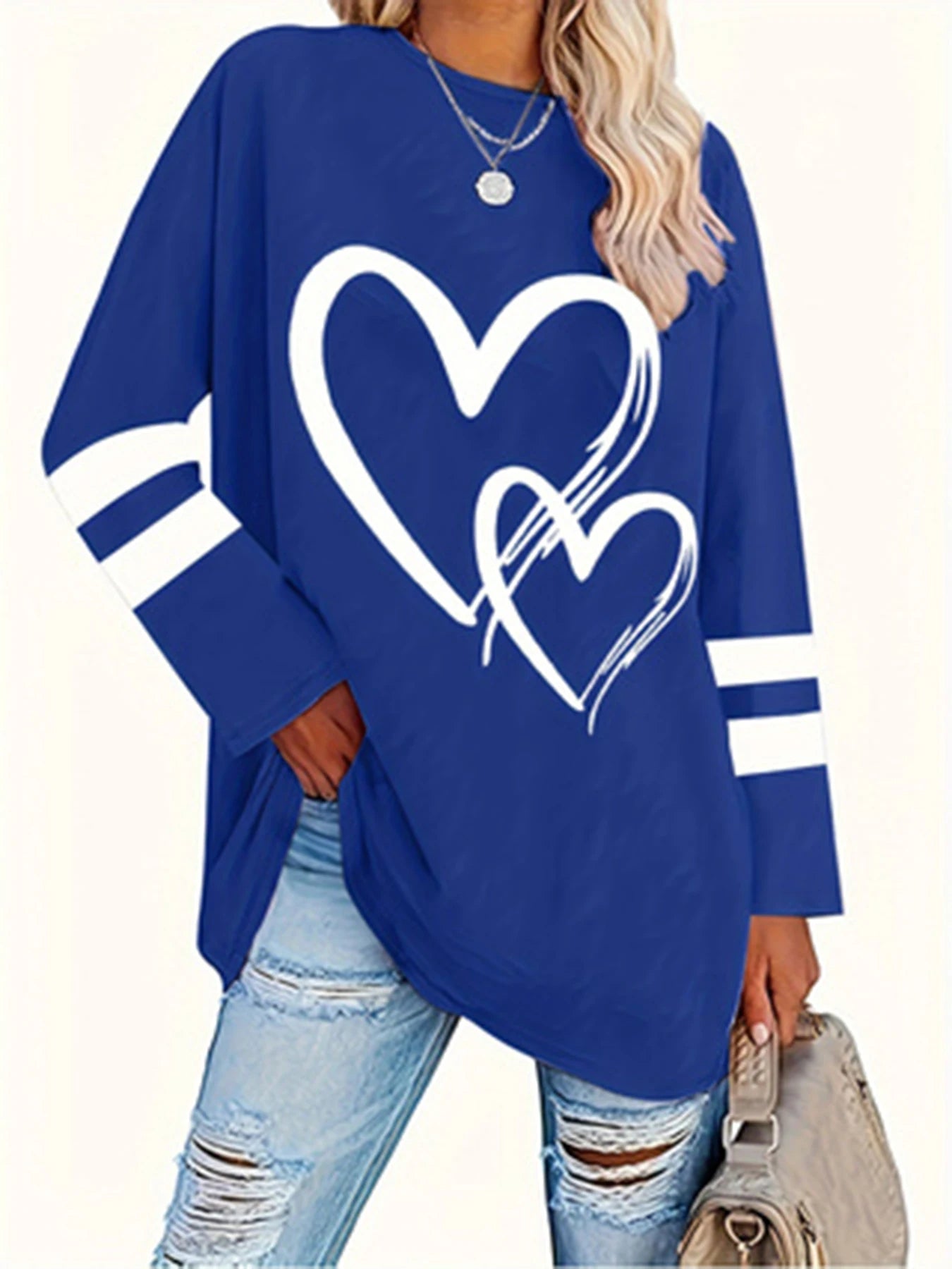 Plus Size eyelet hollow solid  heart-shaped printed long-sleeved top autumn and winter women's casual T-shirt with light stretch