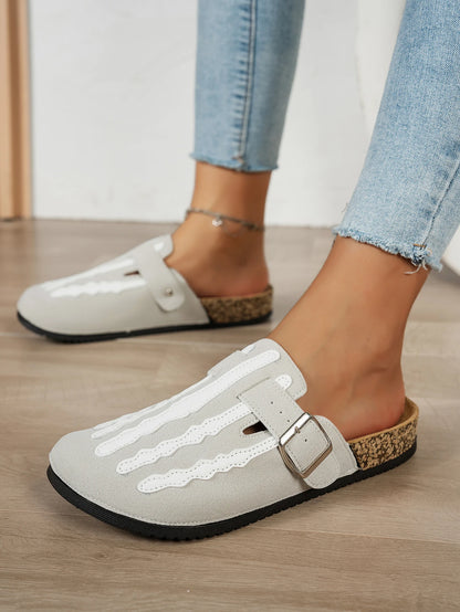 Women's New Half-Slip Halloween Trendy Skeleton Print Slip-On Design Sandals, Closed-Toe Low-Top Buckle Strap Casual Slippers, Suitable for Indoor and Outdoor Wear, Spring, Summer, and Autumn, Unique Street Style Minimalist D