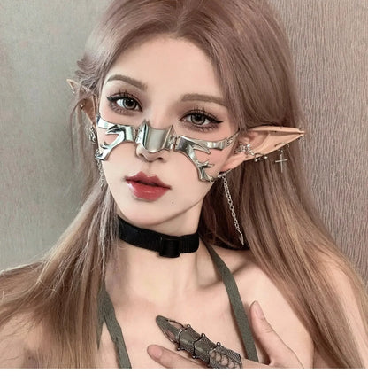 Cyberpunk Metal Mask Niche Design Irregular Fluid Mechanical Wind Earrings Lip Rings Adjustable Face Accessories for Men