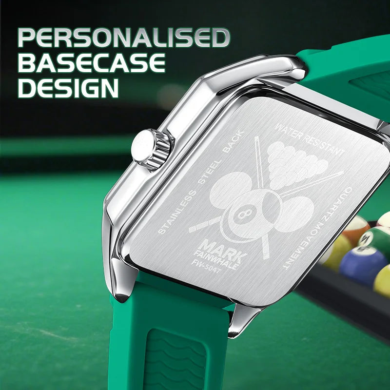 Mark Fairwhale 5047 Men Quartz Watch Square Case Luminous Billiards Dial Wristwatch Rubber Strap Watches for Men