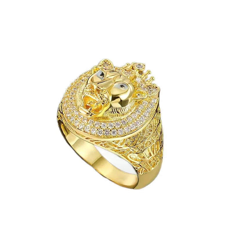 2026 Hot Hip Hop Crown Gold Lion Ring with Iced Out Zirconia, Fashion Jewelry for Men & Women, Perfect Party Gift