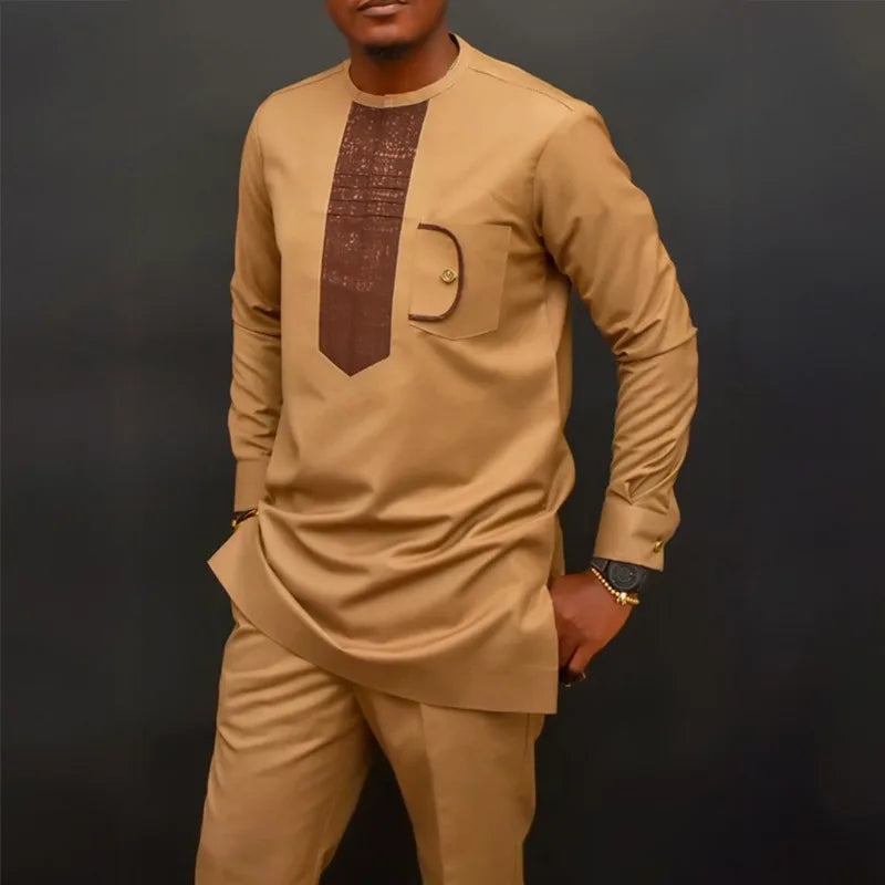 African Muslim Men Wedding Suit 2 Piece Set Long Sleeve Round Neck Top and Pants Traditional Style