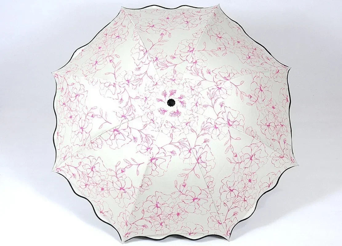 New Wave Edge Umbrella for Girls UV Protection Black Coating Hibiscus Flower Princess Fashion