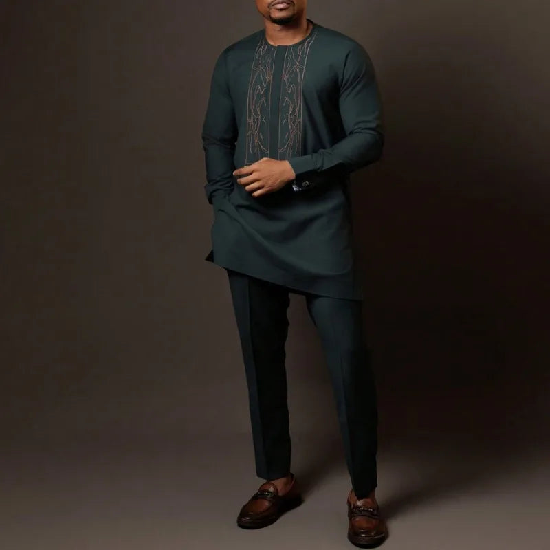 African Muslim Men Wedding Suit 2 Piece Set Long Sleeve Round Neck Top and Pants Traditional Style