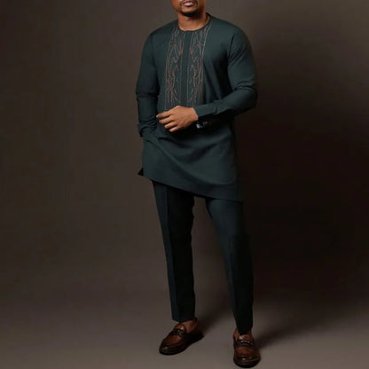 African Muslim Men Wedding Suit 2 Piece Set Long Sleeve Round Neck Top and Pants Traditional Style