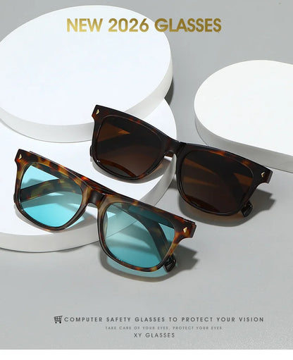 QVQV Fashion Leopard Blue Square Sunglasses Women Men Metal Stripes Brand Design Sun Glasses Men Outdoor Selfie Sunscreen Shades