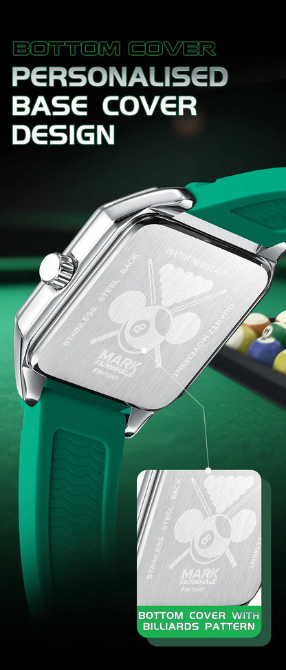 Mark Fairwhale 5047 Men Quartz Watch Square Case Luminous Billiards Dial Wristwatch Rubber Strap Watches for Men