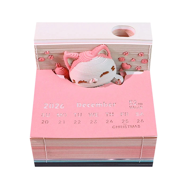 Time Piece Calendar 2026 Desk Calendar With LED Light 3D Tear-away Calendar Paper Carving Art Memo Pad Notepad Gift Christmas