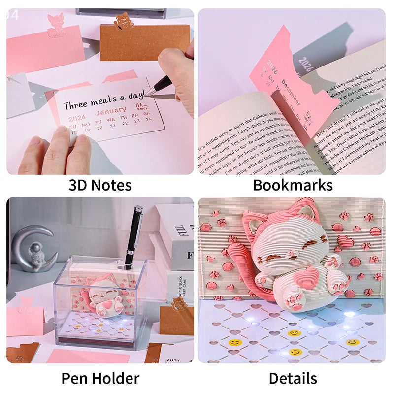 Time Piece Calendar 2026 Desk Calendar With LED Light 3D Tear-away Calendar Paper Carving Art Memo Pad Notepad Gift Christmas