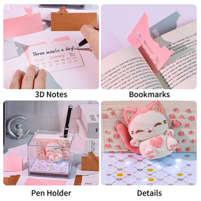 Time Piece Calendar 2026 Desk Calendar With LED Light 3D Tear-away Calendar Paper Carving Art Memo Pad Notepad Gift Christmas