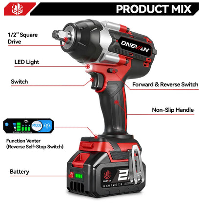 ONEVAN 1800N.M Brushless Electric Impact Wrench 1500W Cordless Handheld Screwdriver Drill Power Tool For Makita 18V Battery Pin