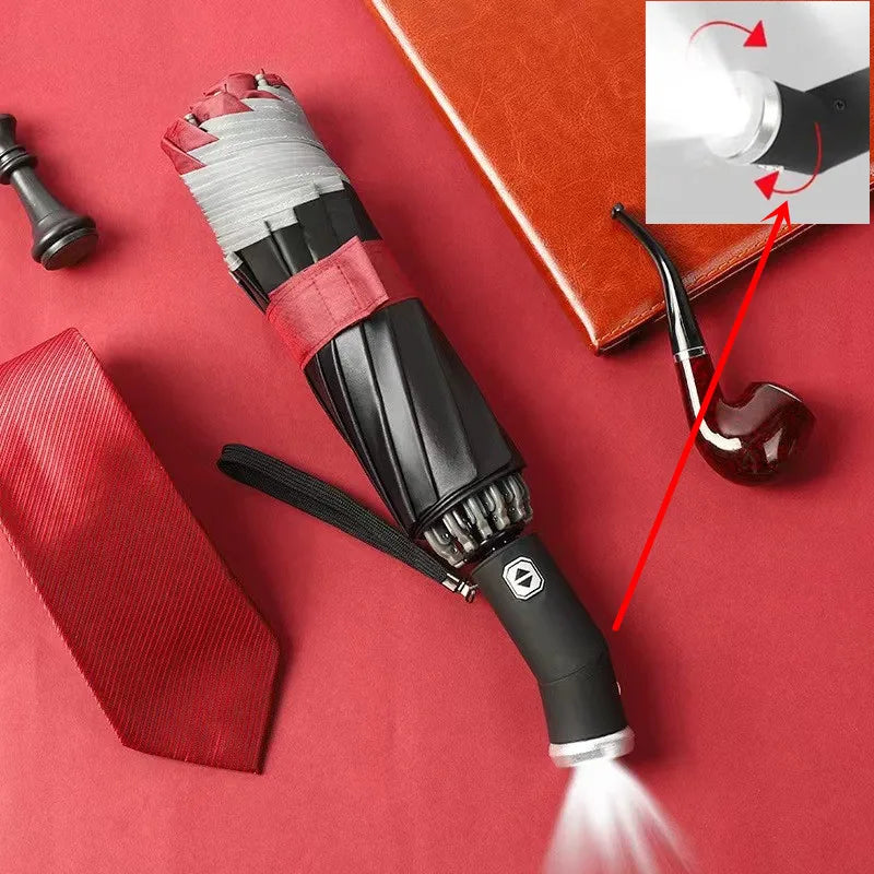 Fully Automatic Sun Protection Umbrella Folding Waterproof Umbrella with LED Flashlight UV Sunshade Rainproof Wind Resistance