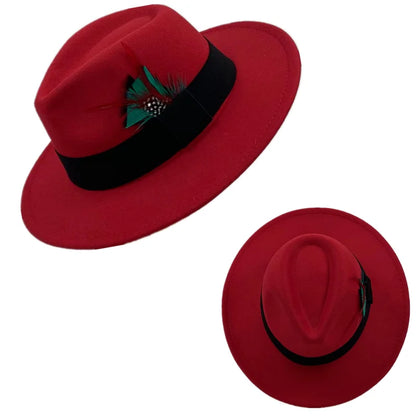 Fedora Men's Feather Wide-brimmed Hat Unisex Wool Felt Jazz Top Hat Autumn and Winter Ladies Hat Church Men's Hat Casual