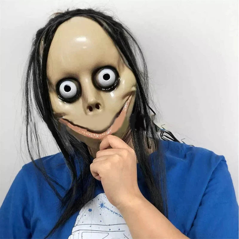 High Quality  Halloween Horror With Long Hair Mask Funny Mask V-shaped Mouth Mask With Hair Female Ghost Mask Roleplay MoMo Mask