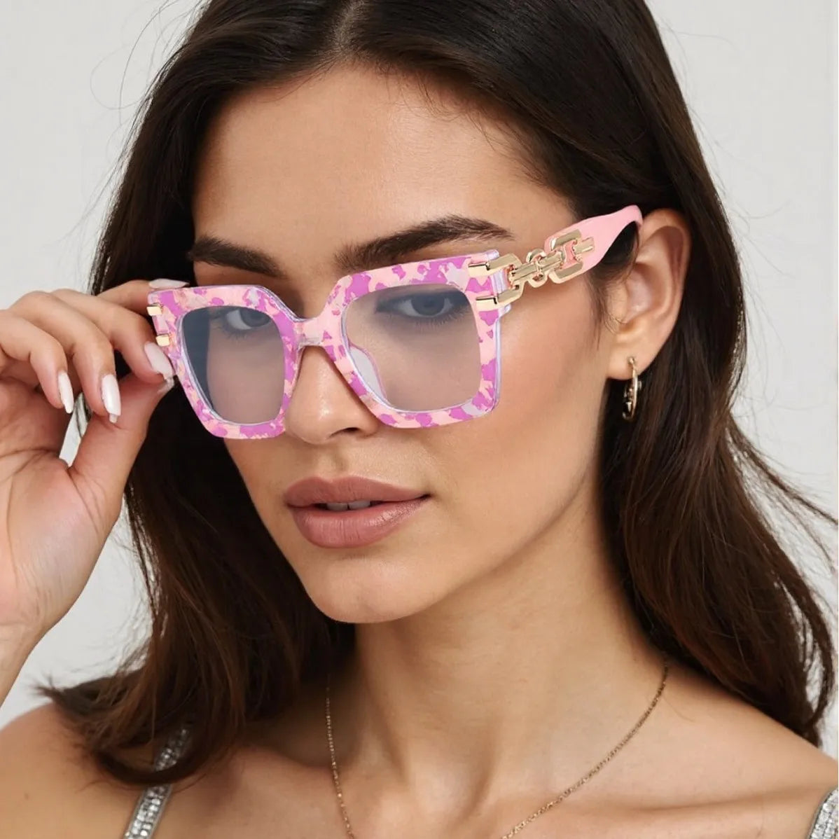 Fashion Ladies' Large Frame Anti Blue Glasses Golden Chain Eyeglass Legs Large Size Optical Spectacle Frame