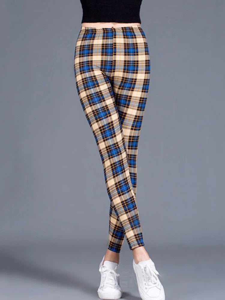 CUHAKCI Fashion Plaid Printing Leggings Women Sexy Fitness Leggins Grid Floral Stripe Trousers High Waist Pencil Pants
