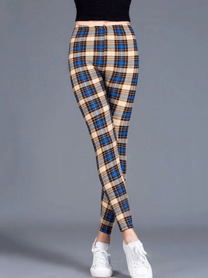 CUHAKCI Fashion Plaid Printing Leggings Women Sexy Fitness Leggins Grid Floral Stripe Trousers High Waist Pencil Pants