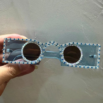 Unique Hand Diamond Square Women Sunglasses Luxury Rhinestone Small Round Lens Shades Female New Wide Legs Sun Glasses Men UV400