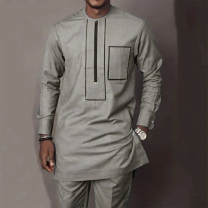African Muslim Men Wedding Suit 2 Piece Set Long Sleeve Round Neck Top and Pants Traditional Style