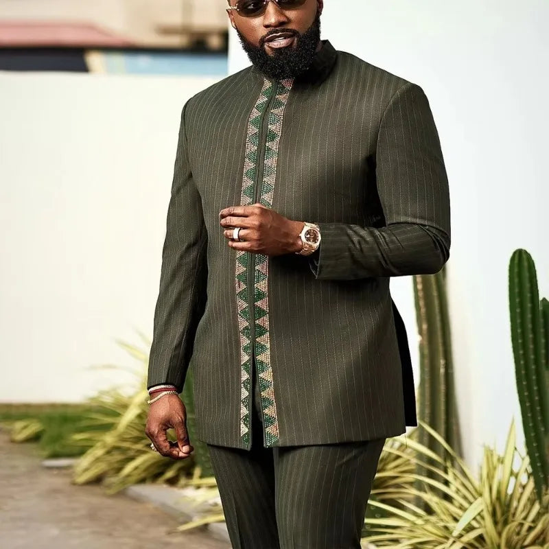 African Muslim Men Wedding Suit 2 Piece Set Long Sleeve Round Neck Top and Pants Traditional Style