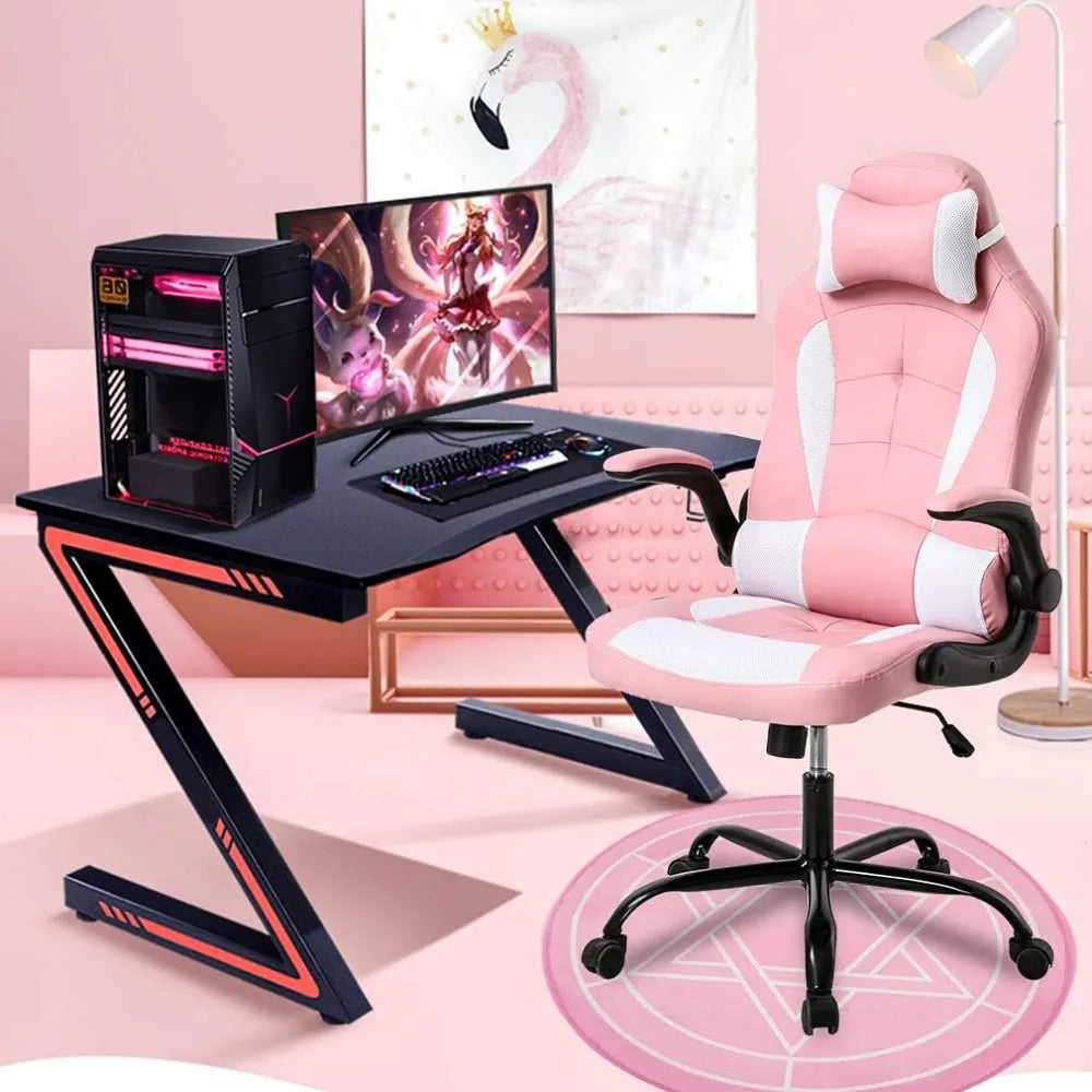 Gaming Chair Office Chair Desk Chair with Lumbar Support Flip Up Arms Headrest Swivel Rolling Adjustable PU Leather Racing