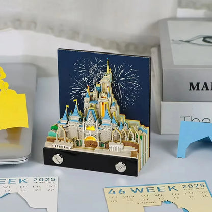 3D Castle Paper Sculpture Desk Calendar Meopad Magic Castle Memo Pad Tear-Away Notepad DIY Craft Gifts for Home Office School