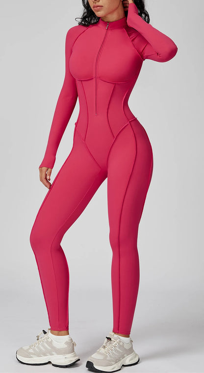 Women's Contrast Collar Half-Zip Bodysuit One-Piece High-Intensity Fitness Sports Jumpsuit Yoga Suit