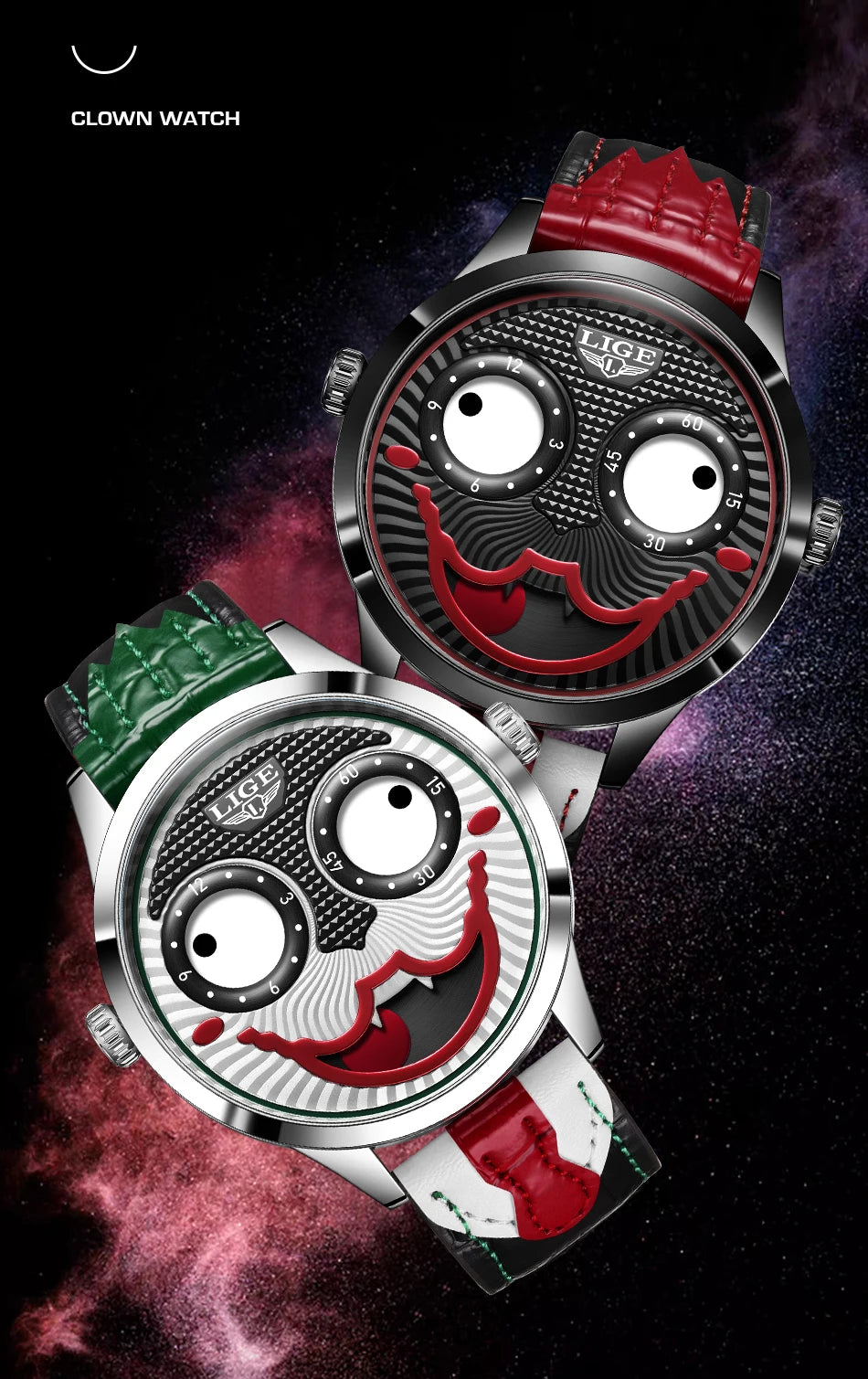 LIGE Creative Joker Watch Men Clown Men's Watches Fashion Leather Strap Waterproof Quartz Wristwatches Moon Phase Clock+BOX