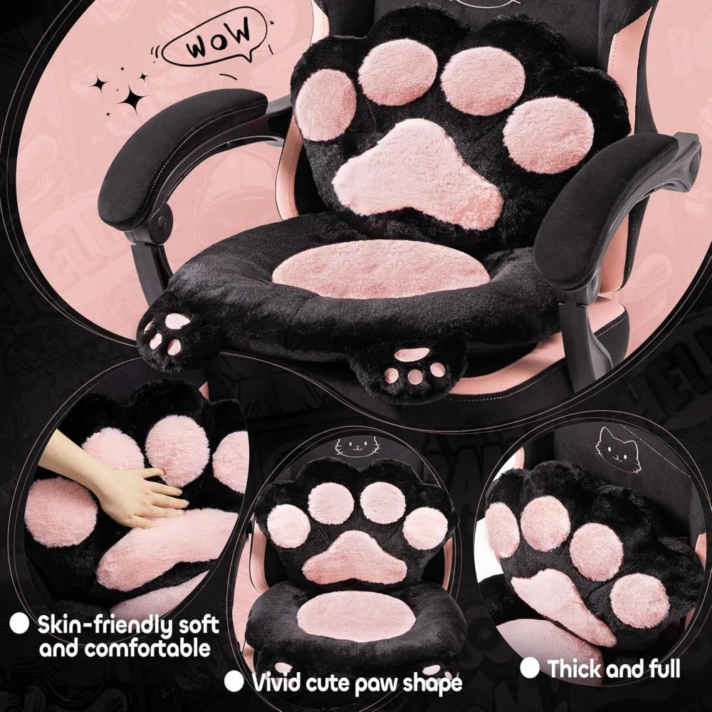 Cute Pink Gaming Chair with Cat Ears/Paw Lumbar/Cushion - Ergonomic Reclining PC Chair with Footrest (300lbs, Girls/Adults)