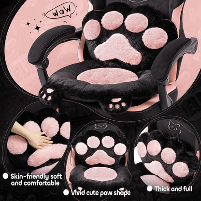 Cute Pink Gaming Chair with Cat Ears/Paw Lumbar/Cushion - Ergonomic Reclining PC Chair with Footrest (300lbs, Girls/Adults)