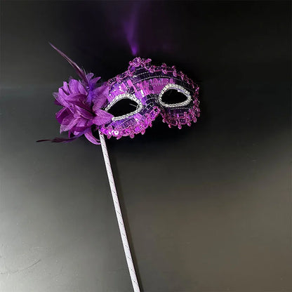 Venetian Princess Handheld Sequin Mask Women Side Flower Feather Face Cover with Holding Stick Mardi Gras Party Masquerade Mask
