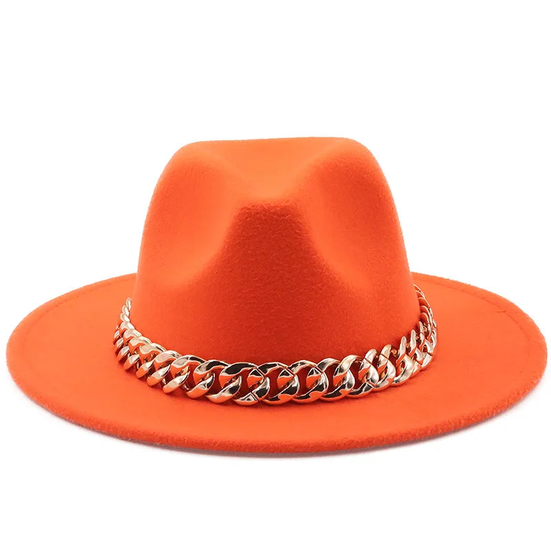 women fedoras golden chain fedora hat women men wide brim solid color jazz top hat autumn winter new Panama hat gentleman hat