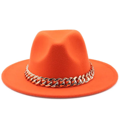 women fedoras golden chain fedora hat women men wide brim solid color jazz top hat autumn winter new Panama hat gentleman hat