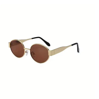 Oval Metal Thin-Frame Sunglasses with Black Textured Temple Tips & Double Bridge Design – Gradient Dark Gray Lenses