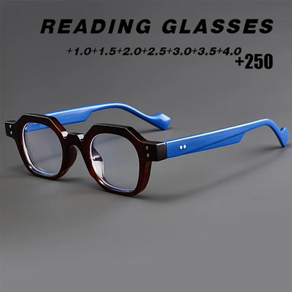 Retro-style polygonal tea-blue tortoiseshell glasses, PC frame, high-definition lenses, unisex reading glasses