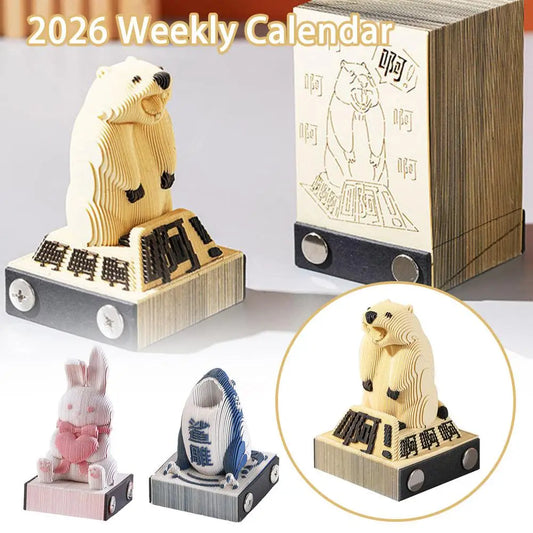 2026 Year Calendar Creative 3D Paper Notes Notepad Gift Carving Bunny Bear Calendar Paper House Shark Art Cute Sculpture C9O7
