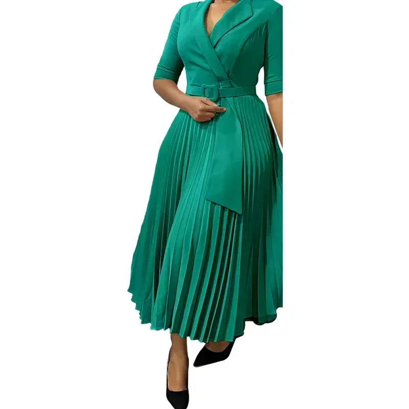 2025 Dashiki African Dresses for Women Autumn Elegant Half Sleeve V-neck Polyester Pleat Dress Ankara Dresses African Clothes