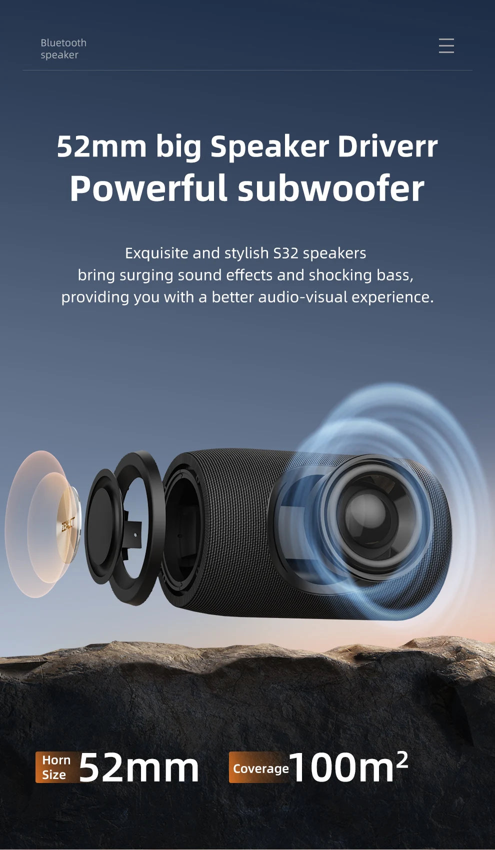 ZEALOT-S32 Portable Bluetooth Speaker Subwoofer - Waterproof Stereo Outdoor Boom Box with TF Card & AUX Support