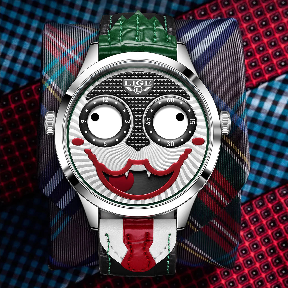 LIGE Creative Joker Watch Men Clown Men's Watches Fashion Leather Strap Waterproof Quartz Wristwatches Moon Phase Clock+BOX