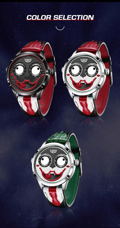 LIGE Creative Joker Watch Men Clown Men's Watches Fashion Leather Strap Waterproof Quartz Wristwatches Moon Phase Clock+BOX