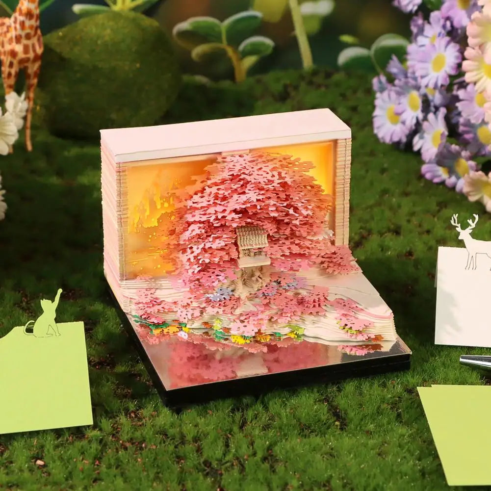 3D Calendar Sticky Notes of Flower Sea and Tree Island 2026 Unique Paper Sculpture Calendar For Desk Decor With Lights Design
