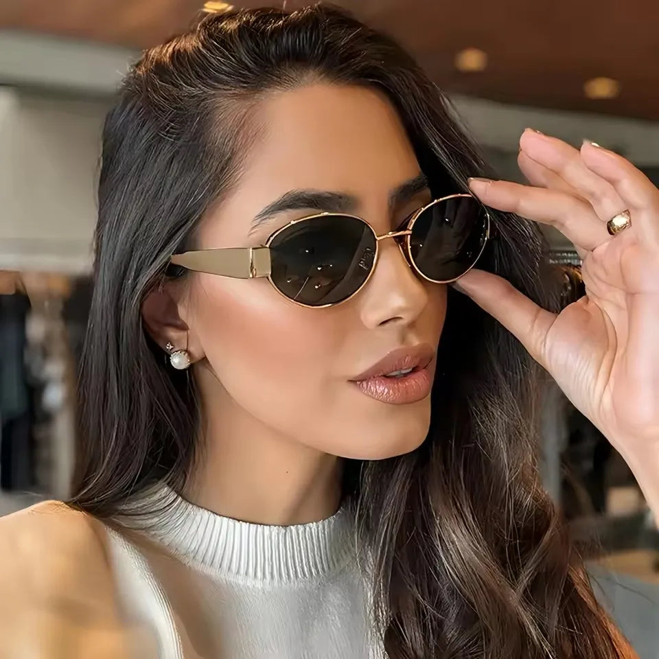 Oval Metal Thin-Frame Sunglasses with Black Textured Temple Tips & Double Bridge Design – Gradient Dark Gray Lenses