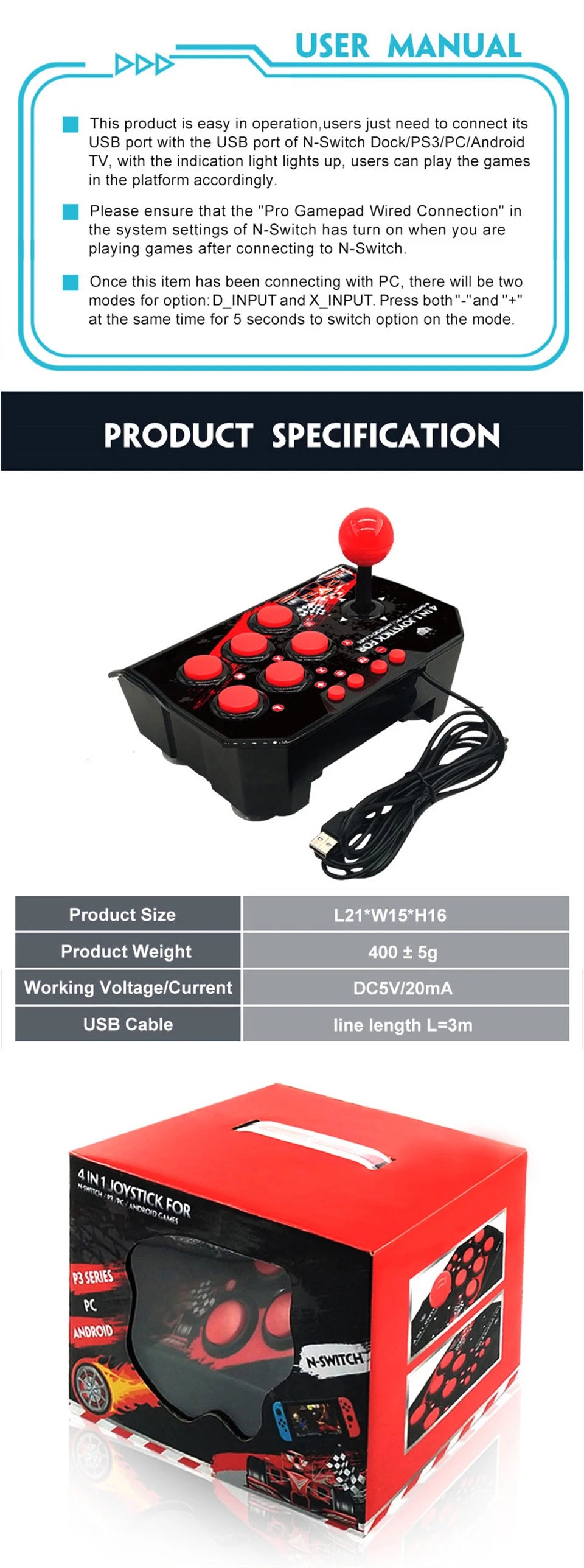 GAMINJA 4-in 1Game Joystick With 3M USB Cable TURBO Games Console Rocker Arcade Station For Nintendo Switch Android TV PS3 PC